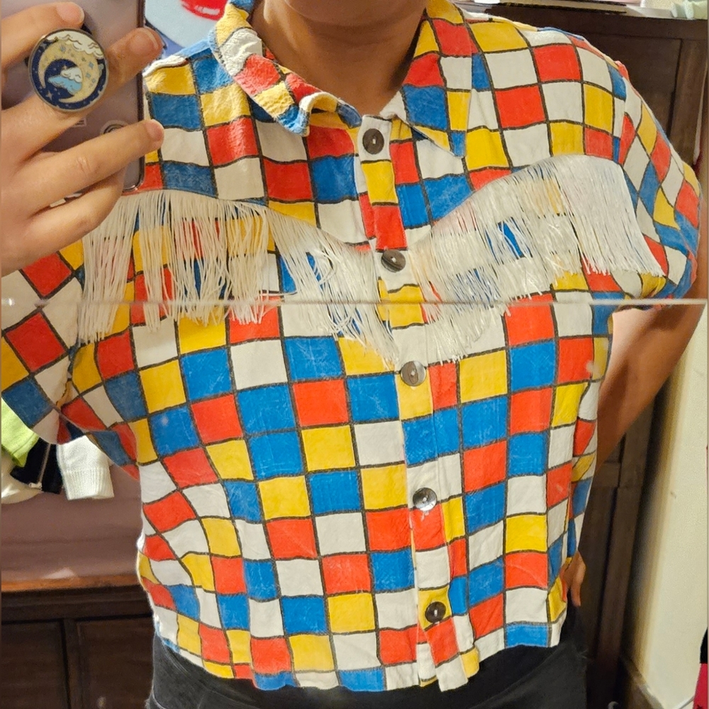 Fashion Brand Company Primary Check Cropped Fringe Top Sz. 3XL